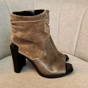 M4DE x Free People Distresssed Taupe Brown Leather Open Toe Moto Heel Bootie 6